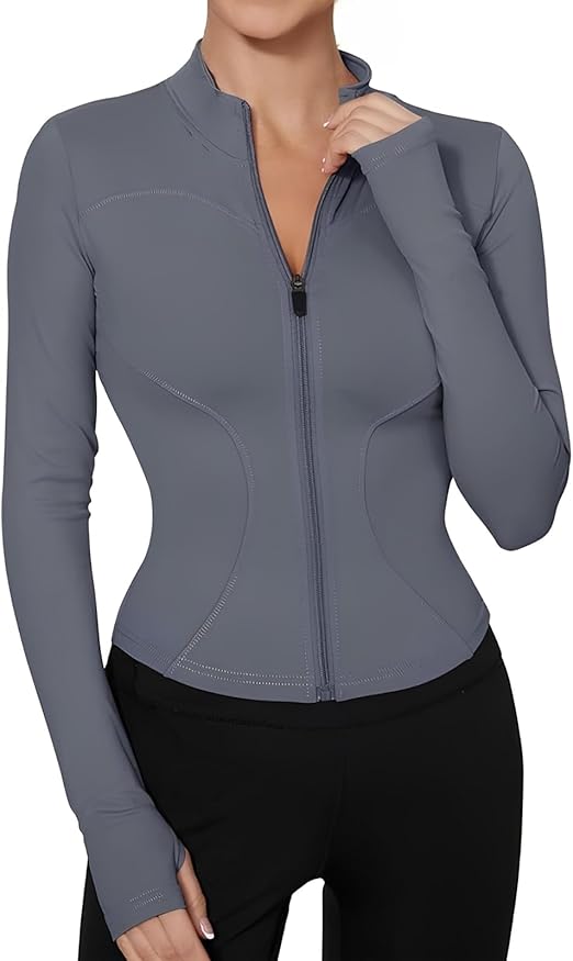 Long Sleeve Workout Tops Zip Up Jackets for Women Lightweight Athletic Tops Slim Fit Yoga Jacket with Thumb Holes