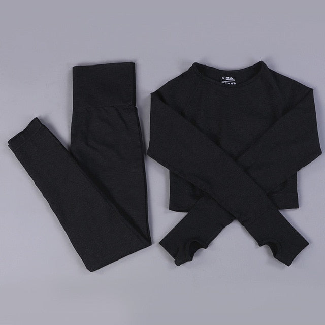 Seamless 2 Fitness Leggings+Cropped Bra  Long Sleeve - CoreYogaWear