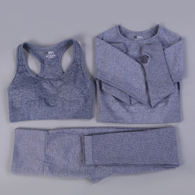 Seamless 2 Fitness Leggings+Cropped Bra  Long Sleeve - CoreYogaWear
